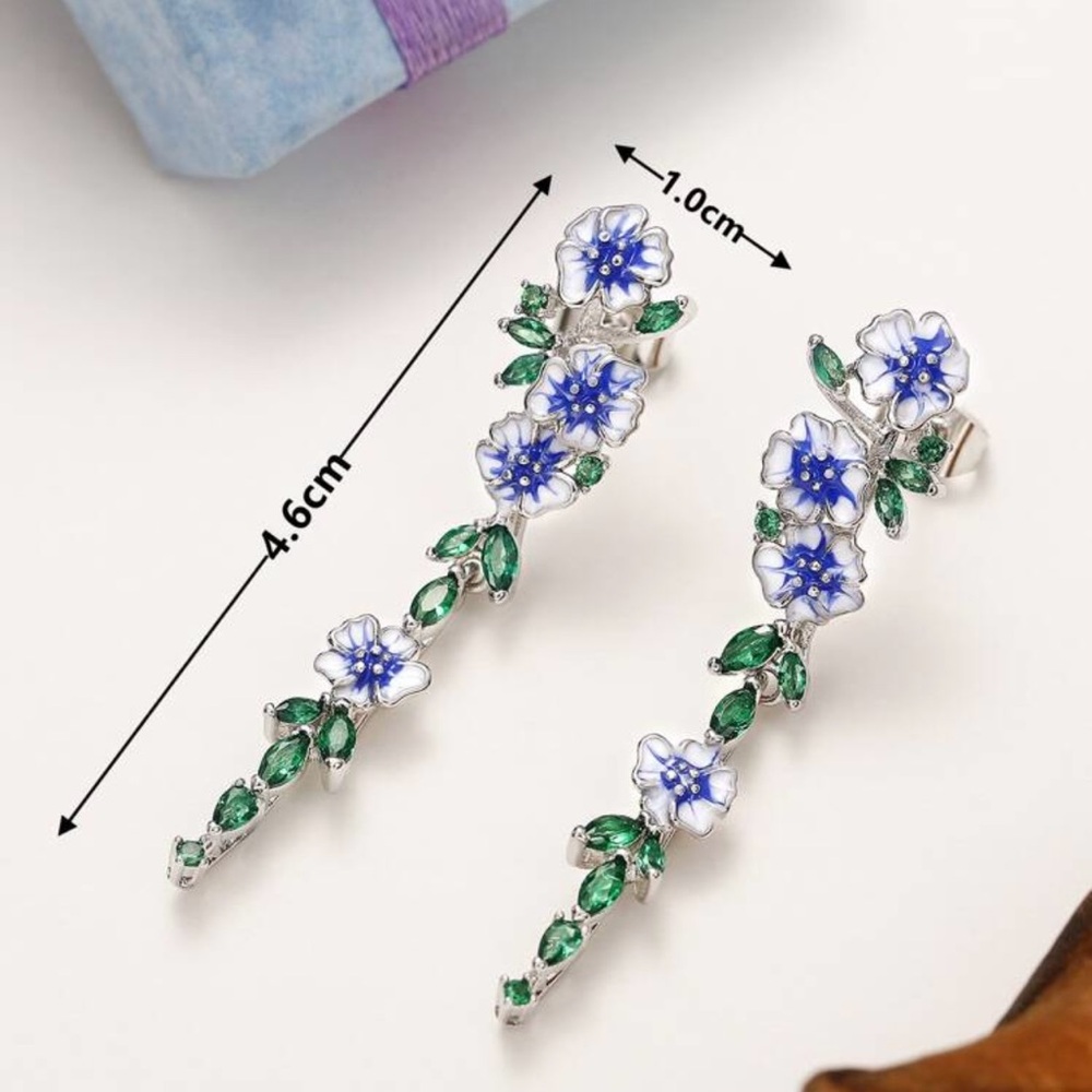 Floral Blue and Green Drop Earrings - Picture 3 of 5